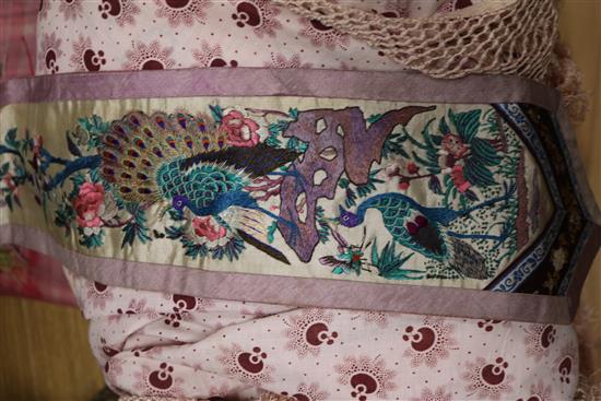 A Chinese embroidered silk bed cover and a similar table frontal shawls